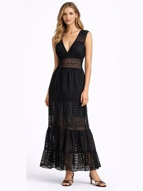Guadalupe Serena Black Eyelet Vneck Maxi Dress Embroidered Panels Size Large NWT